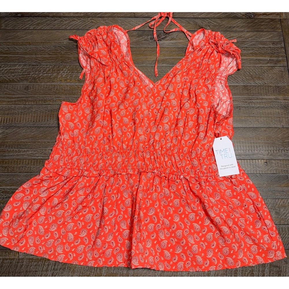 Time and Tru Paisley Top Women XXXL 22 Orange Lava NWT Tie Shoulder Smocked